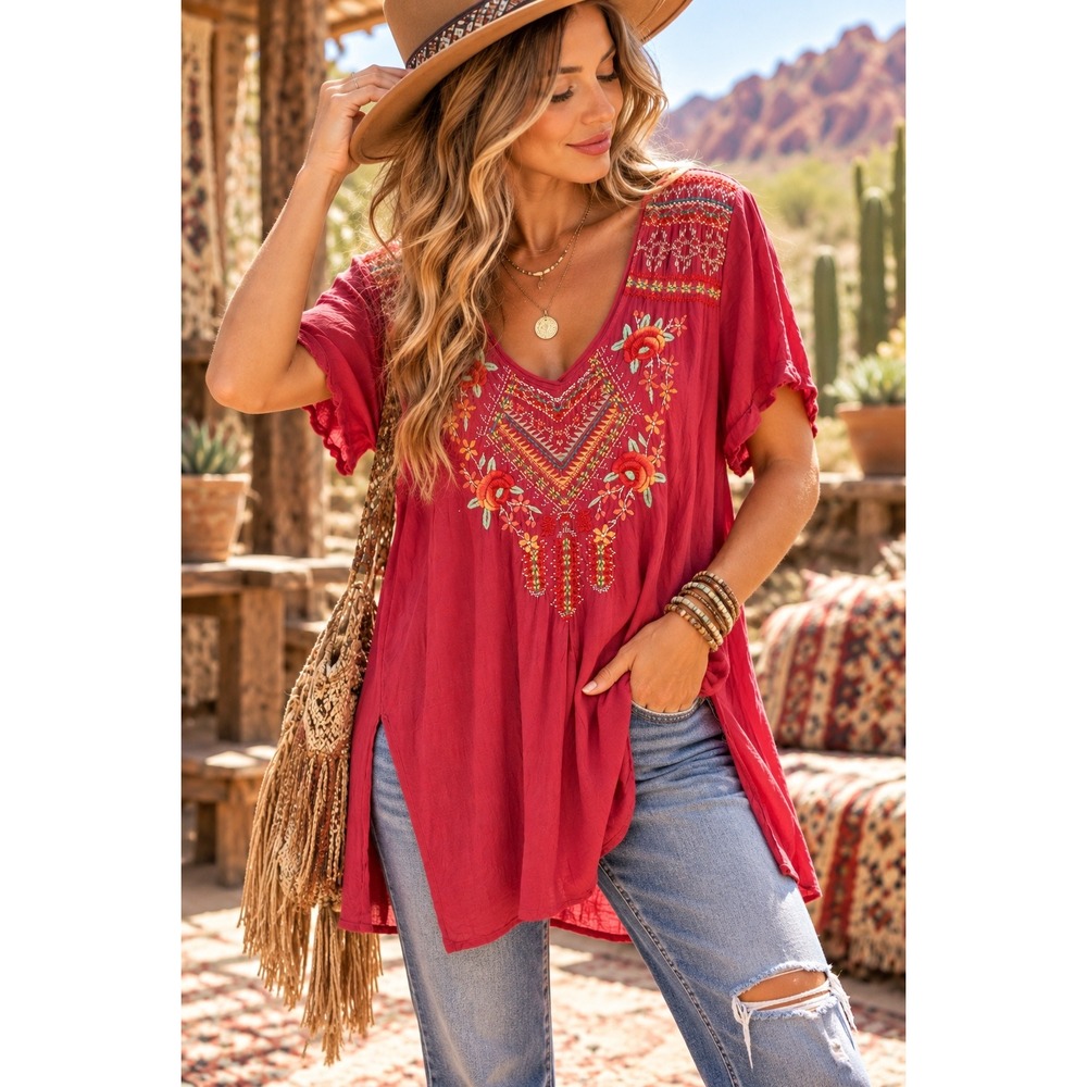 JW Los Angeles Johnny Was Red Embroidered Cotton Tunic Top XL Boho Floral V-Neck